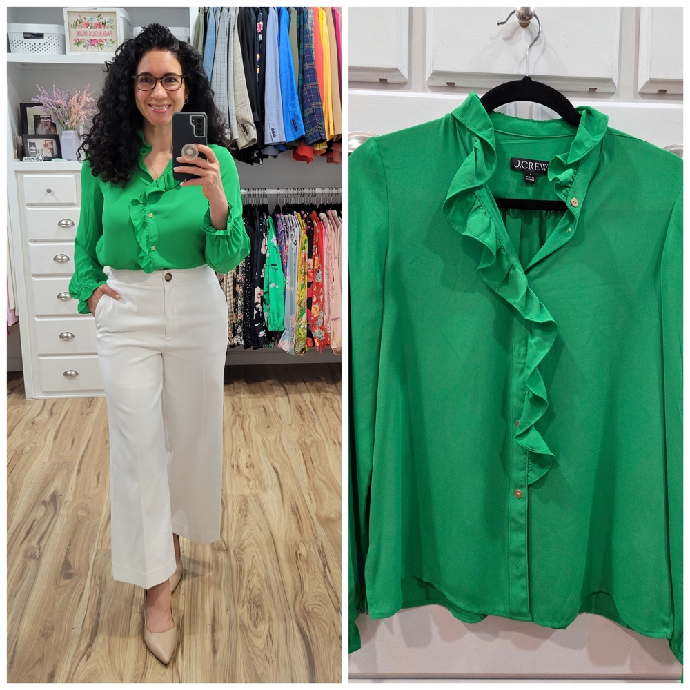 J. Crew Emerald Green Ruffle Front Blouse